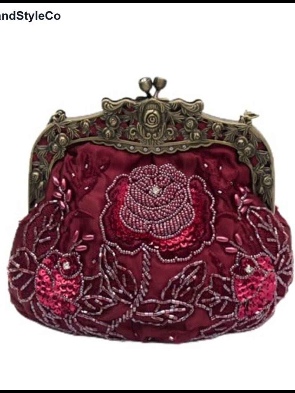 Handmade Beaded Rose Evening Clutch Kiss Lock Purse Crossbody Chain Wristlet